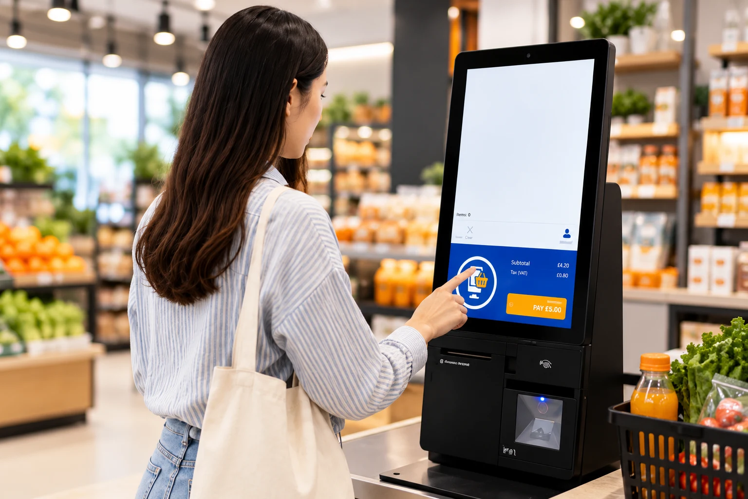 EzyRetail self-service kiosk with a shopper using the touch screen