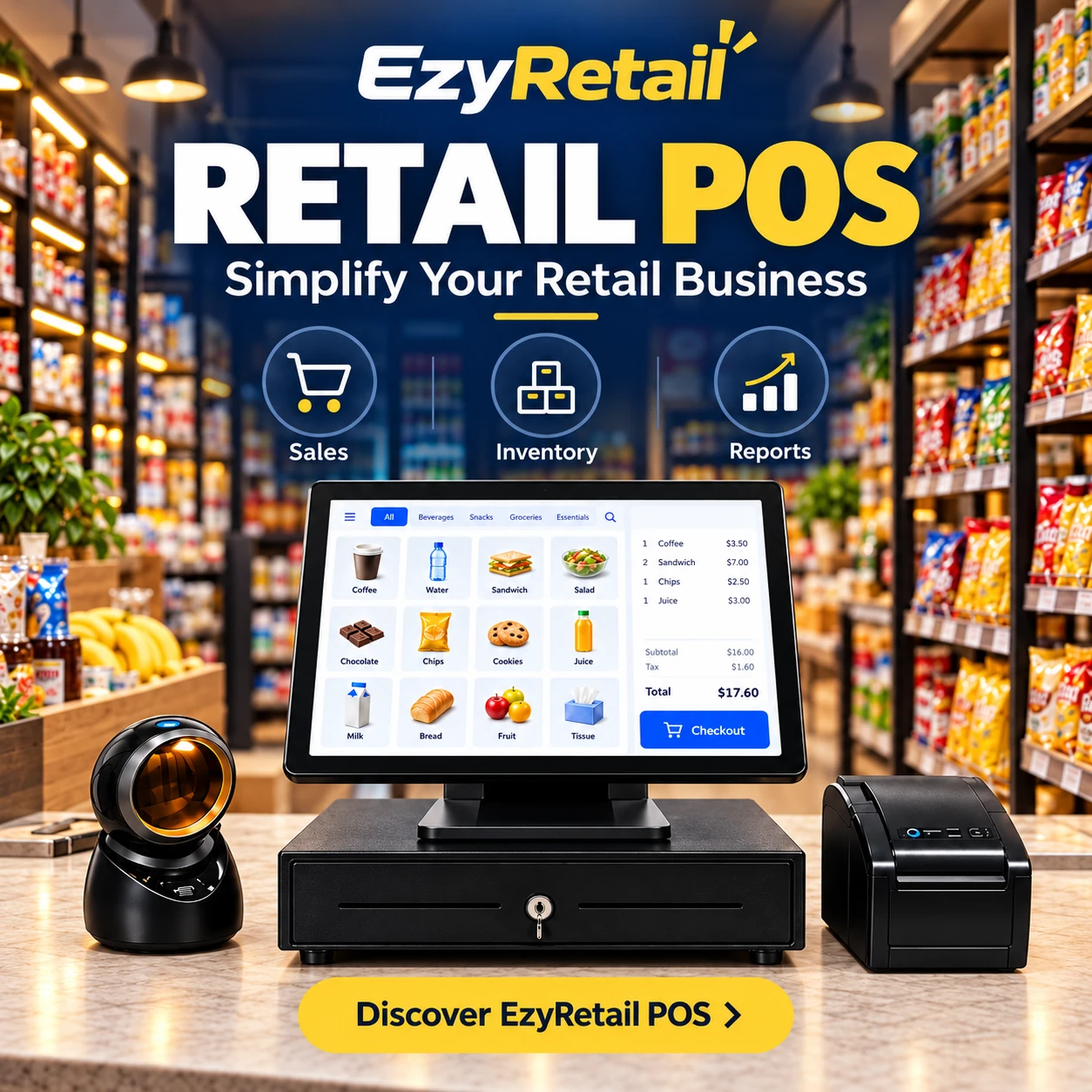 EzyRetail POS retail promotional image showing sales, inventory, reports and checkout hardware