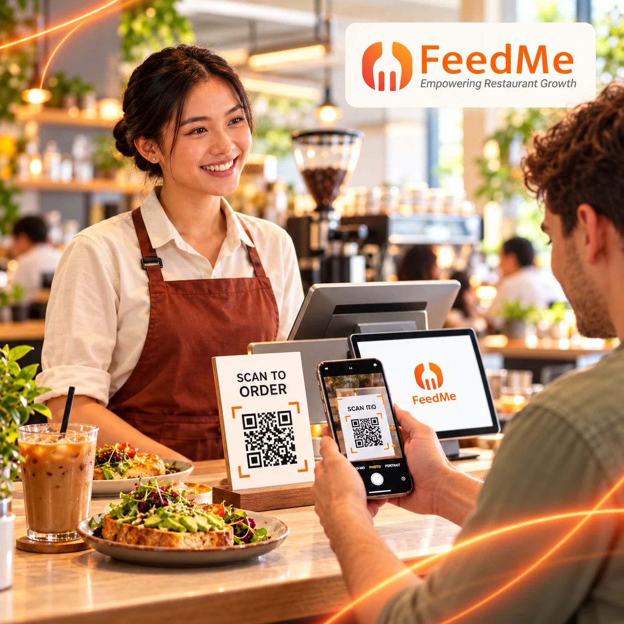FeedMe POS restaurant scene with customer QR ordering