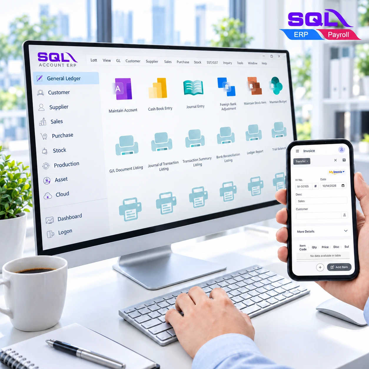 SQL Accounting desktop and mobile workflow illustration