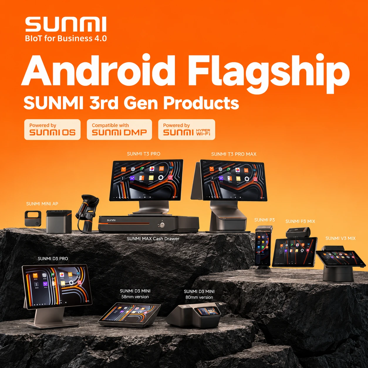 SUNMI Business IoT hardware range including POS terminals and mobile devices