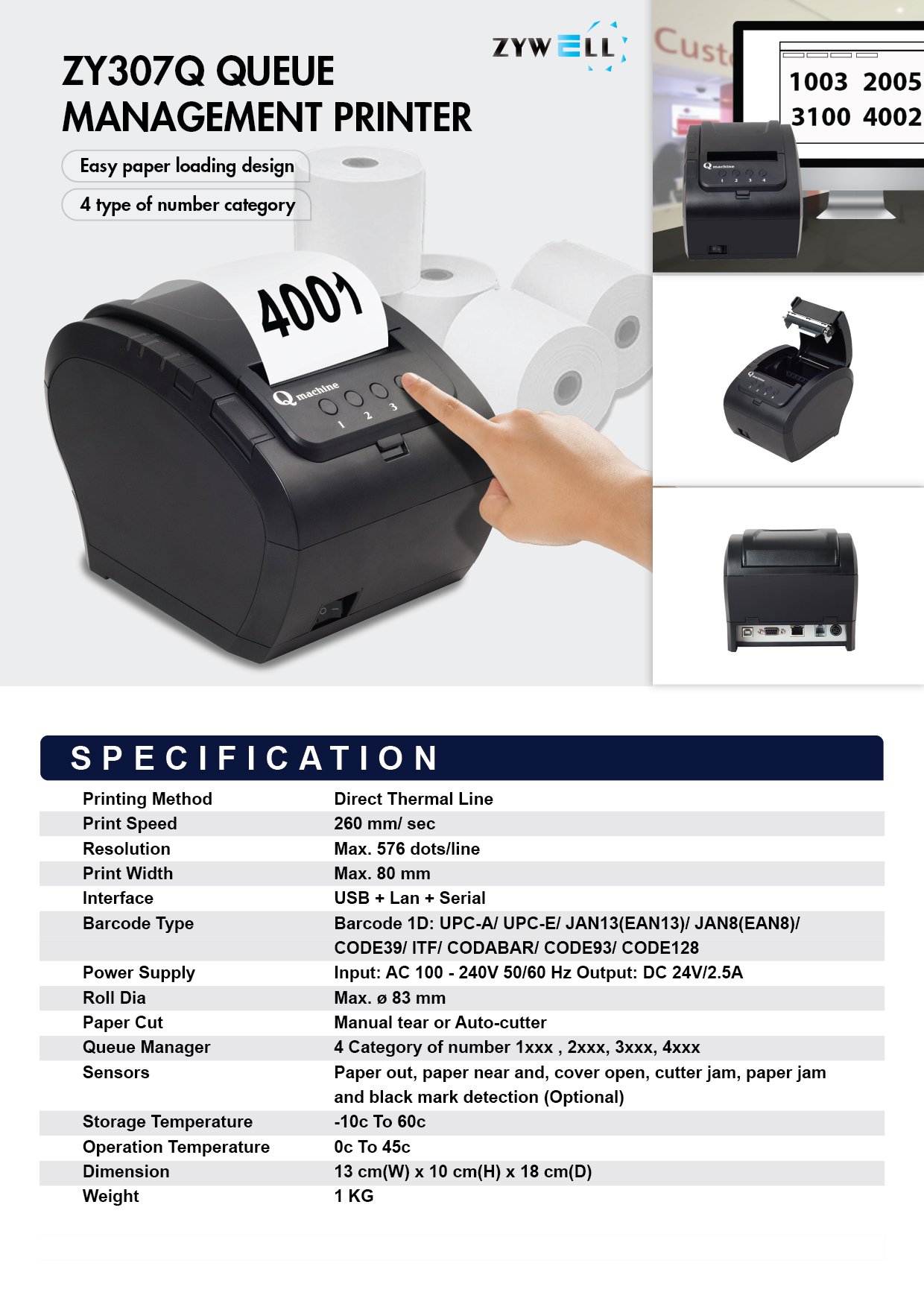 Zywell zy307 80mm Thermal Receipt Printer Pos System USB/USB + LAN thermal pos receipt printer